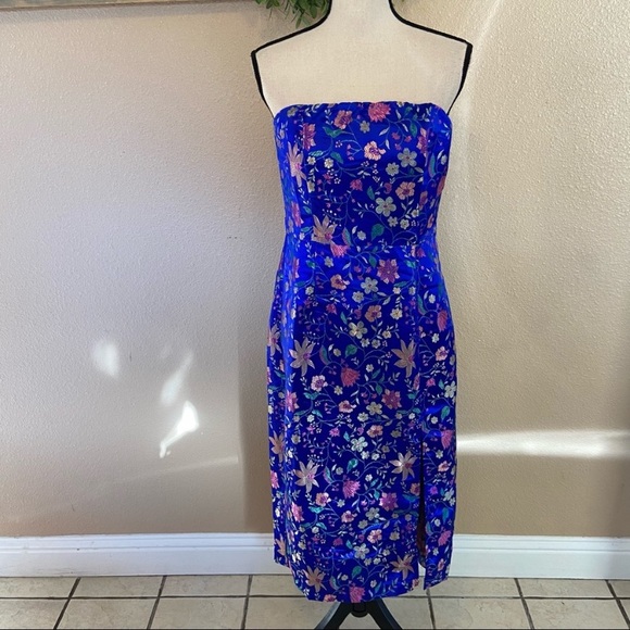 NWOT Lulus Make a Move Blue Satin Floral Jacquard Strapless Midi Dress - Picture 4 of 15